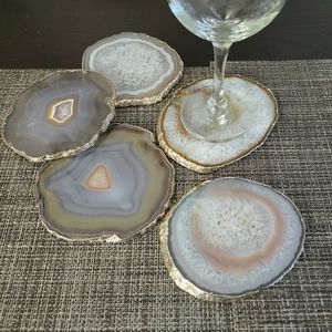 PERFECT HOLIDAY GIFT 🎁  Silver Plated Natural GENUINE Agate Coasters - Set of 5